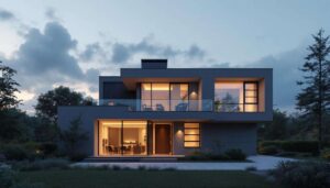 Une maison moderne sublimée par une lumière tamisée et des teintes sourdes